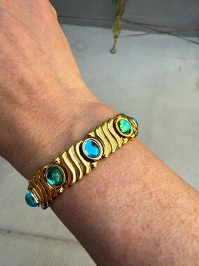 Vintage Monet Gold-Tone Bracelet Blue Green Cabochon Stones 7.5” Statement Jewel